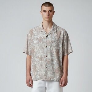 Rhythm. Linen Blend Jean Paisley Short Sleeve Button Down Shirt - M